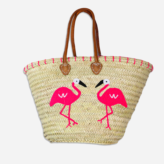 Moroccan Straw Bag Leather Handles Flamingo Design