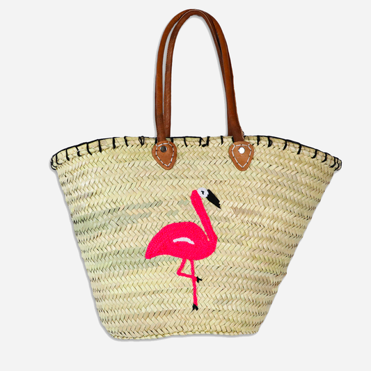 Moroccan Straw Bag Flamingo Design Leather Handles