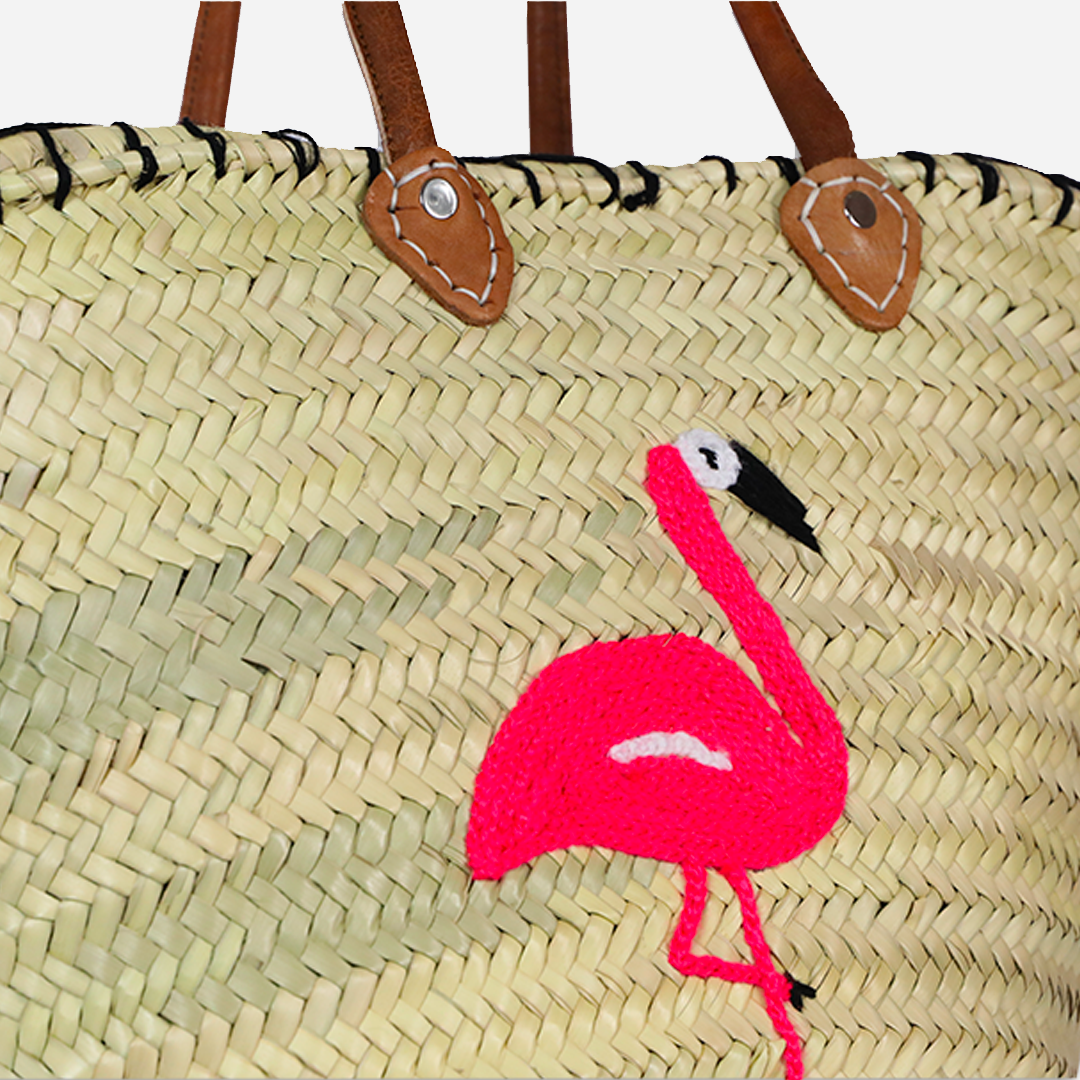 Sac en Paille Marocain Poignées en cuir Design Flamingo